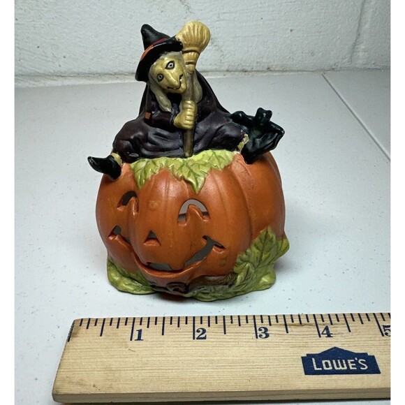 Vintage Ceramic Halloween Pumpkin With Witch Decor Candle Holder - Picture 2 of 7